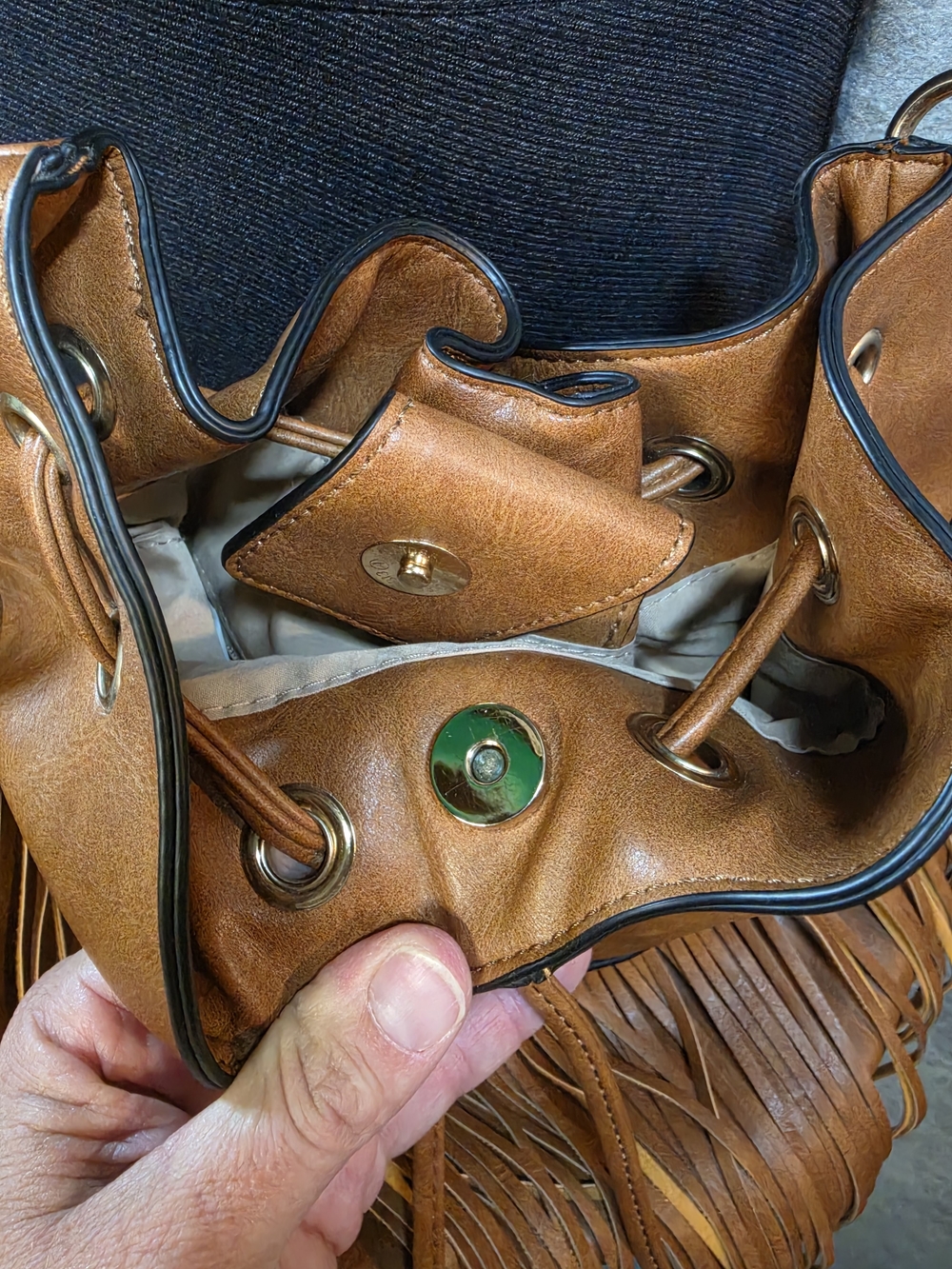 Tan Leather Fringe Drawstring Crossbody Bag - Picture 5 of 8
